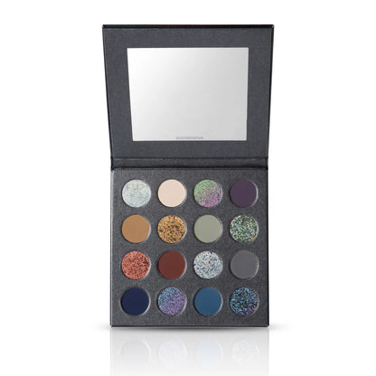Kryptein Supernova palette open on white, showing 16 shades: nude, purple, olive, burgundy, navy mattes and multichrome shimmers