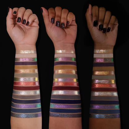 Kryptein Supernova swatches on three skin tones showing multichrome shifts and deep mattes across all 16 shades