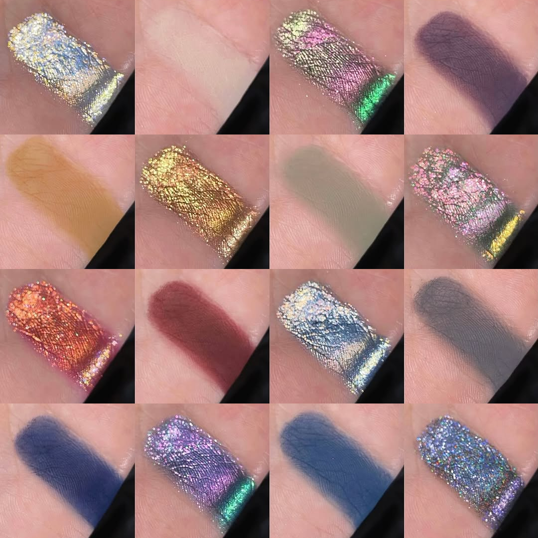 Kryptein Supernova multichrome shades close-up showing colour shifts: silver-gold, bronze, green-pink, and blue-purple in pan and swatched on skin