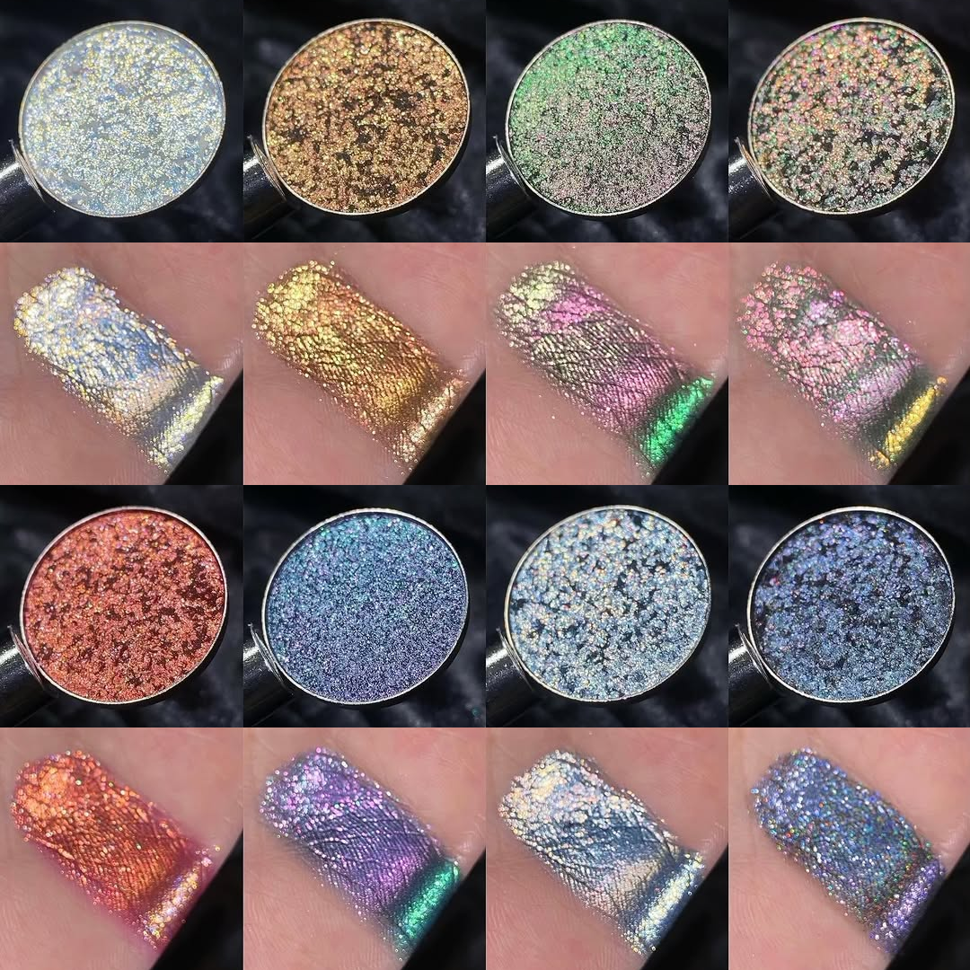 Kryptein Supernova multichrome shades close-up showing colour shifts: silver-gold, bronze, green-pink, and blue-purple in pan and swatched on skin