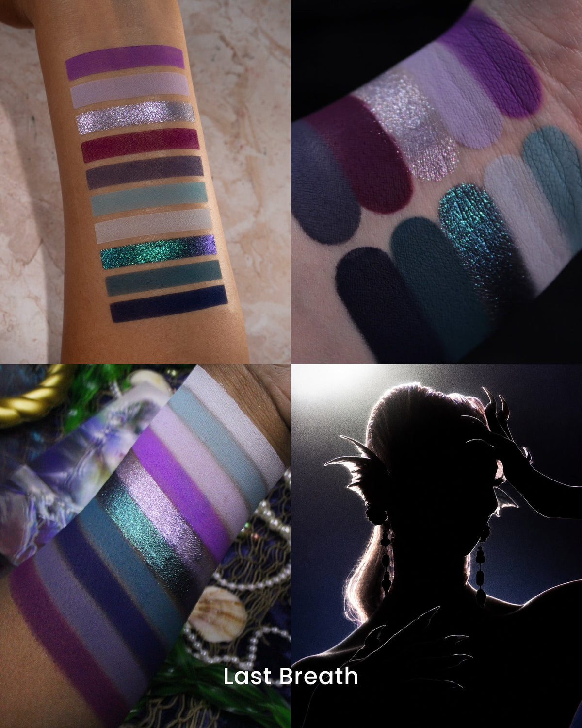 Last Breath shades swatched on three skin tones, purples, blues and teals with lilac and teal shimmers, beside a backlit siren silhouette.