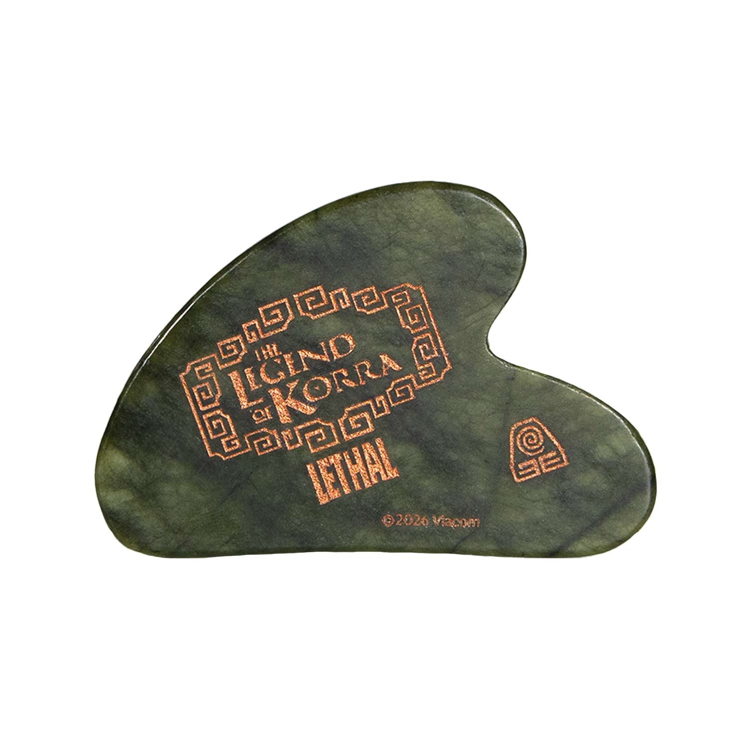 The Bolin gua sha, green Phoenix Jade with gold Legend of Korra engraving and the Lethal logo