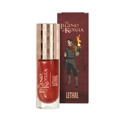 Lethal Embered lip plumping oil from the Legend of Korra collection, red-tinted oil in a clear tube with rose-gold cap beside its Mako box