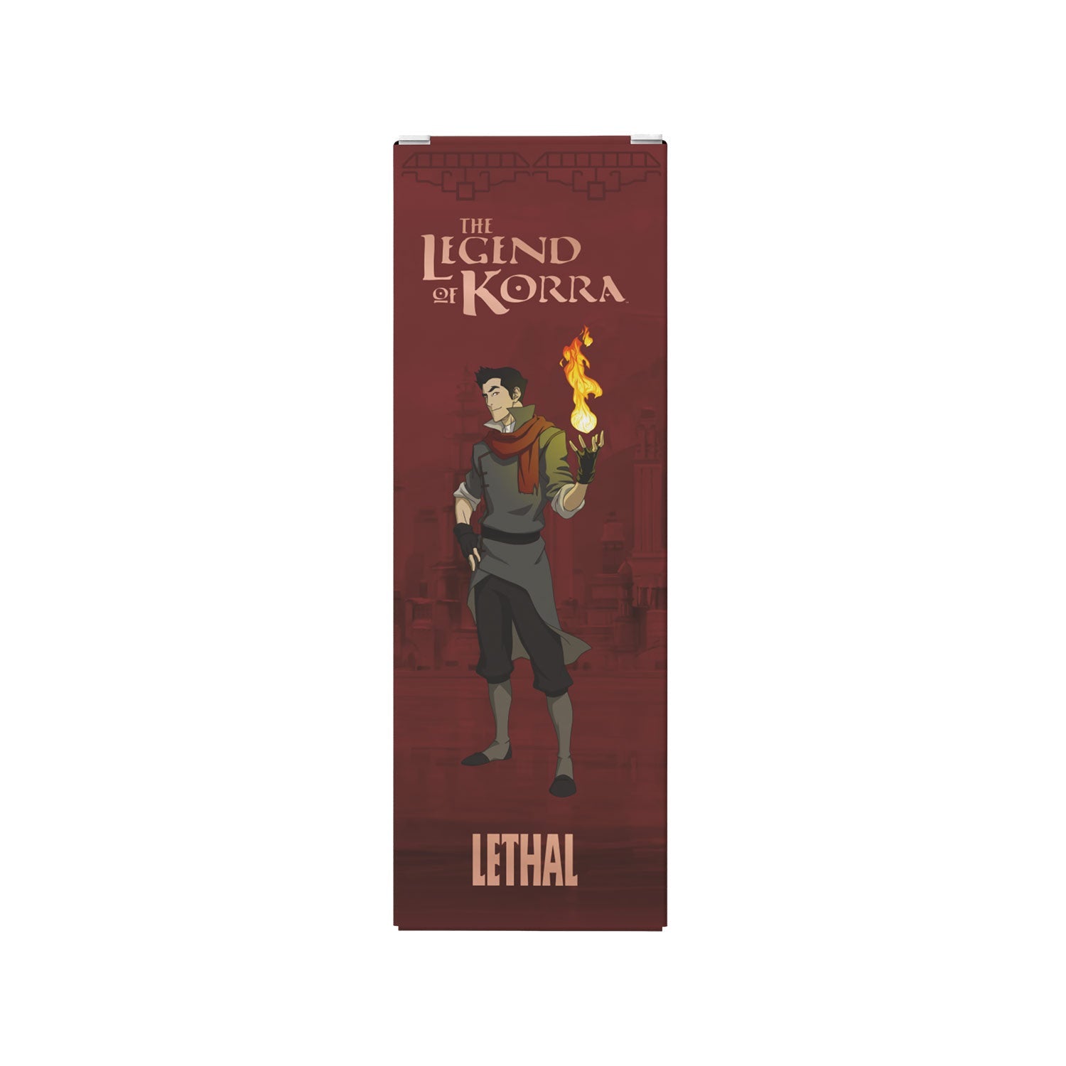 Embered lip oil box, deep red Legend of Korra artwork featuring Mako with the Lethal logo
