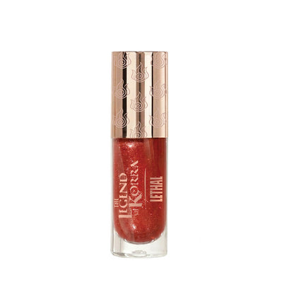Embered lip oil closed tube, red oil with a rose-gold cap and Legend of Korra branding