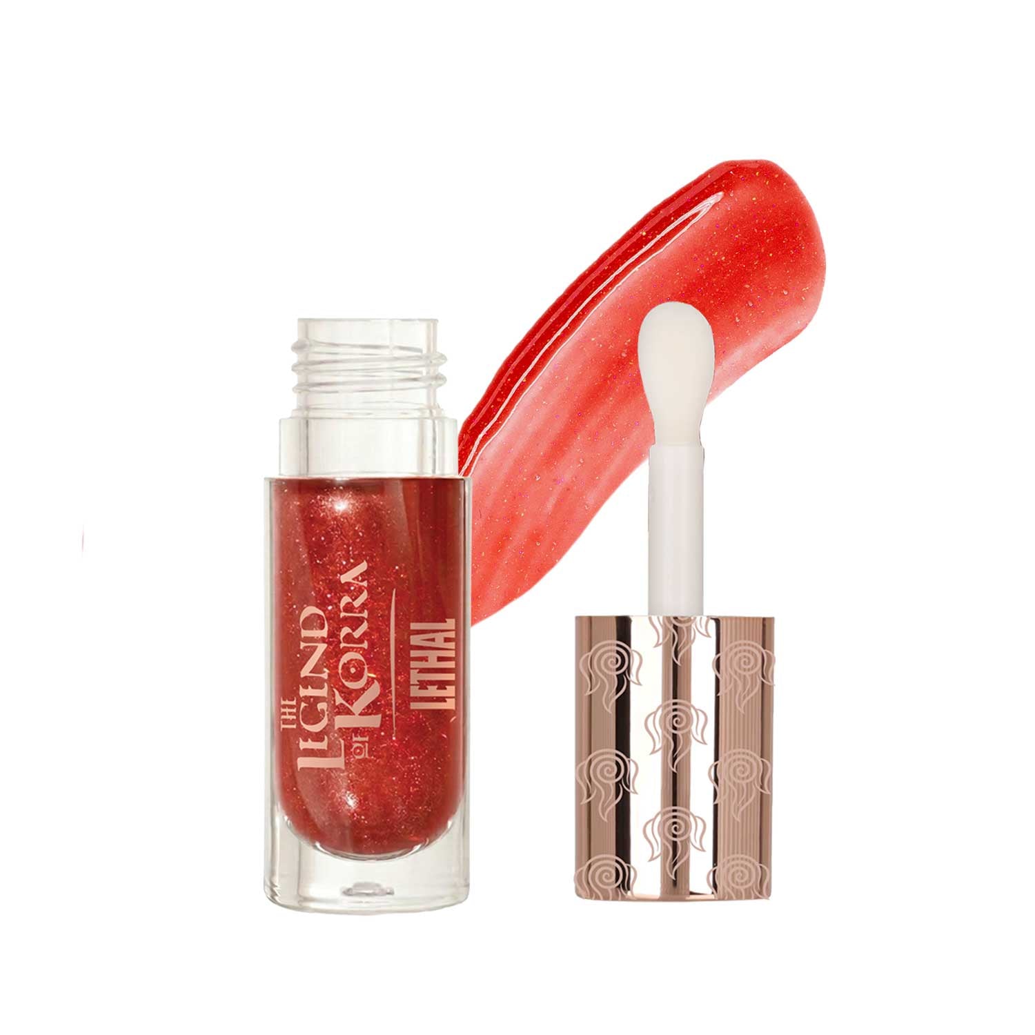 Embered lip oil tube with a glossy red swatch and its doe-foot applicator