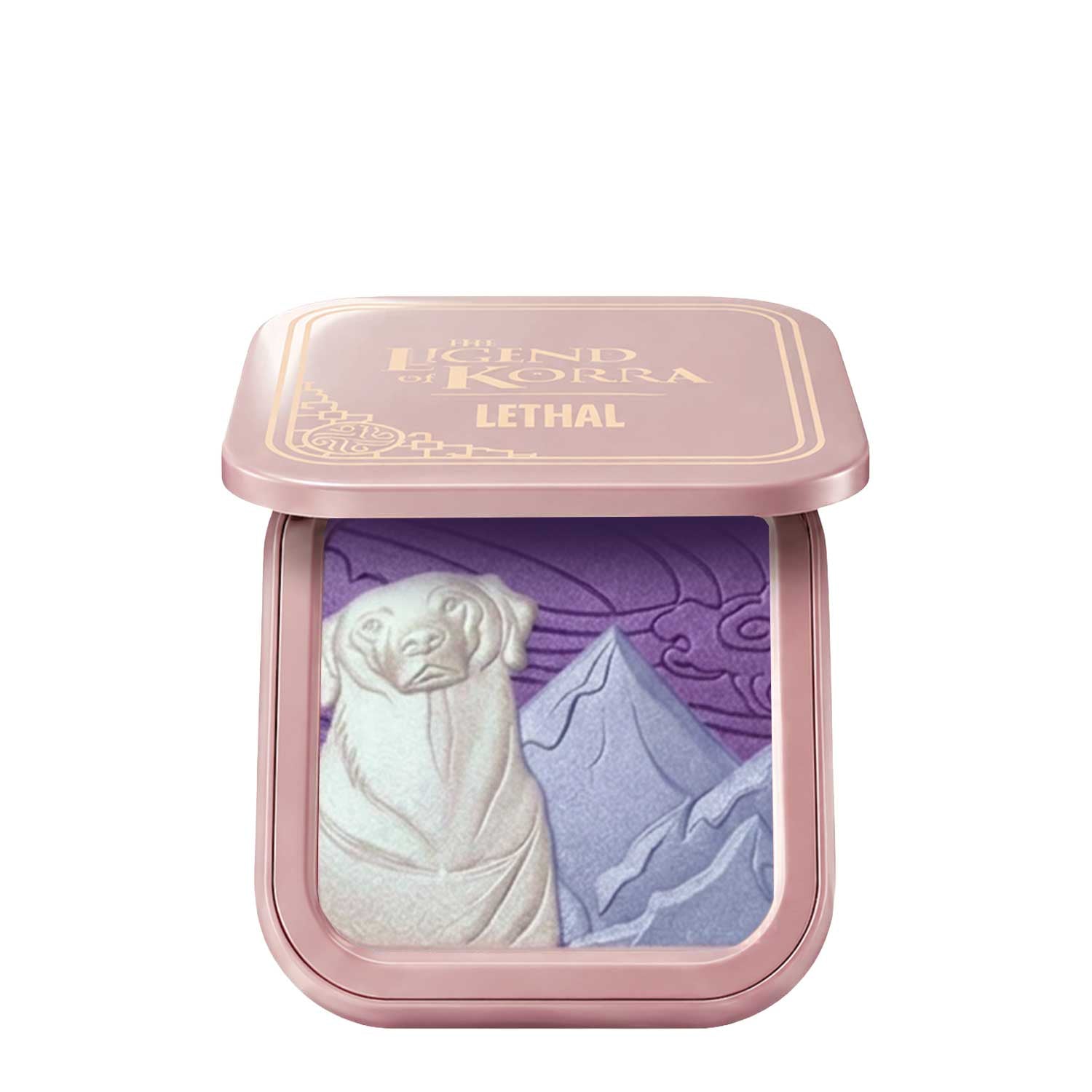 Compact half open from above, pan showing the white Naga figure, a pale blue mountain peak and swirled purple sky