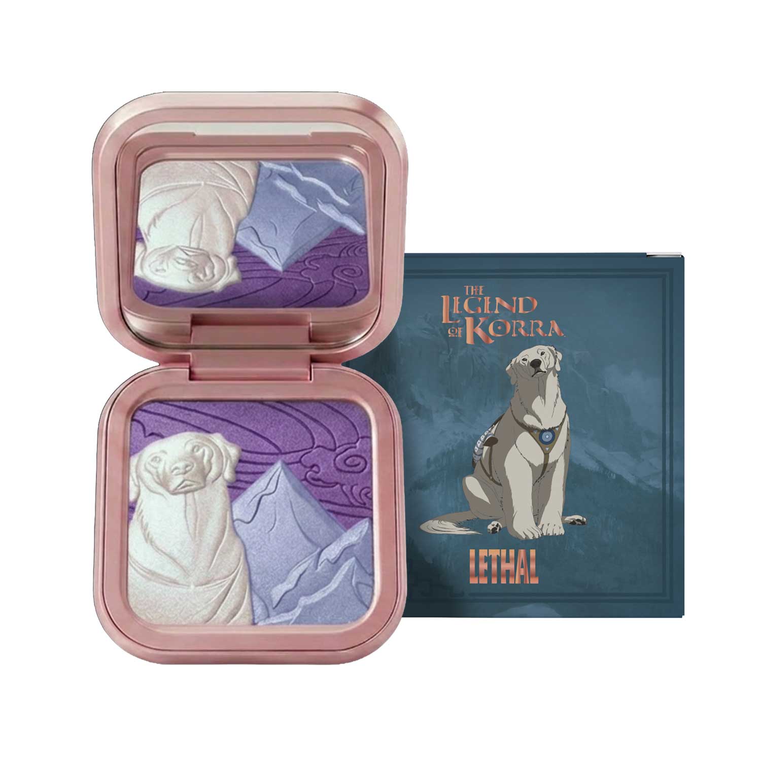 Open compact beside its box on a white background, pan embossed in white, icy blue and purple, box illustrated with Naga in deep teal