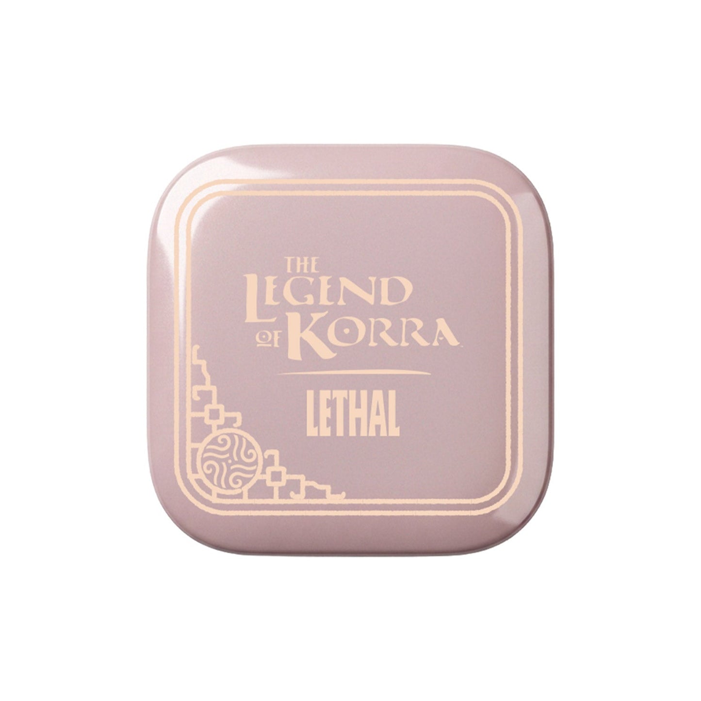 Closed dusty pink compact with a gold foil Legend of Korra and LETHAL lid design and an ornate corner emblem