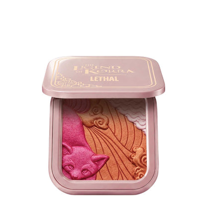 Compact half open from above, pan showing the pink Pabu figure against coppery orange swirled clouds and a pale pearl wave band