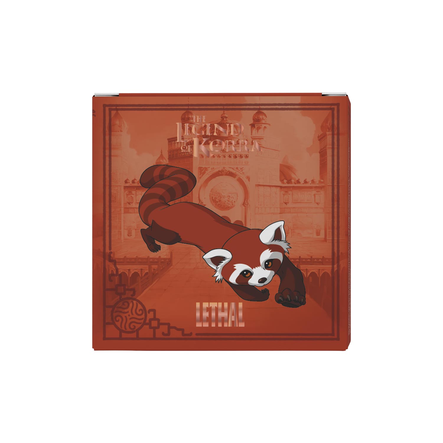 Product box in burnt orange, illustrated with Pabu leaping in front of an ornate archway, Legend of Korra and LETHAL lettering in cream
