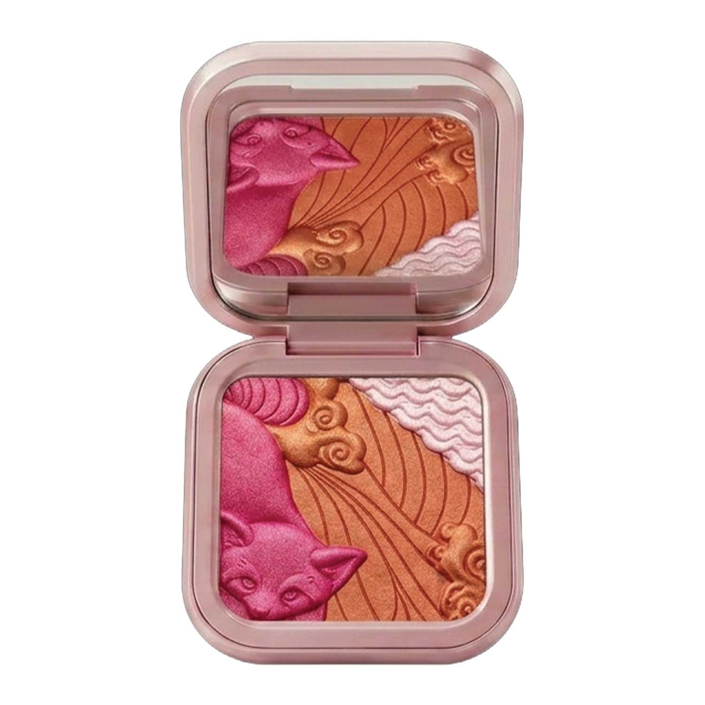 Compact fully open and flat, pan and lid mirror both in frame, showing the pink, coppery orange and pale pearl embossed scene