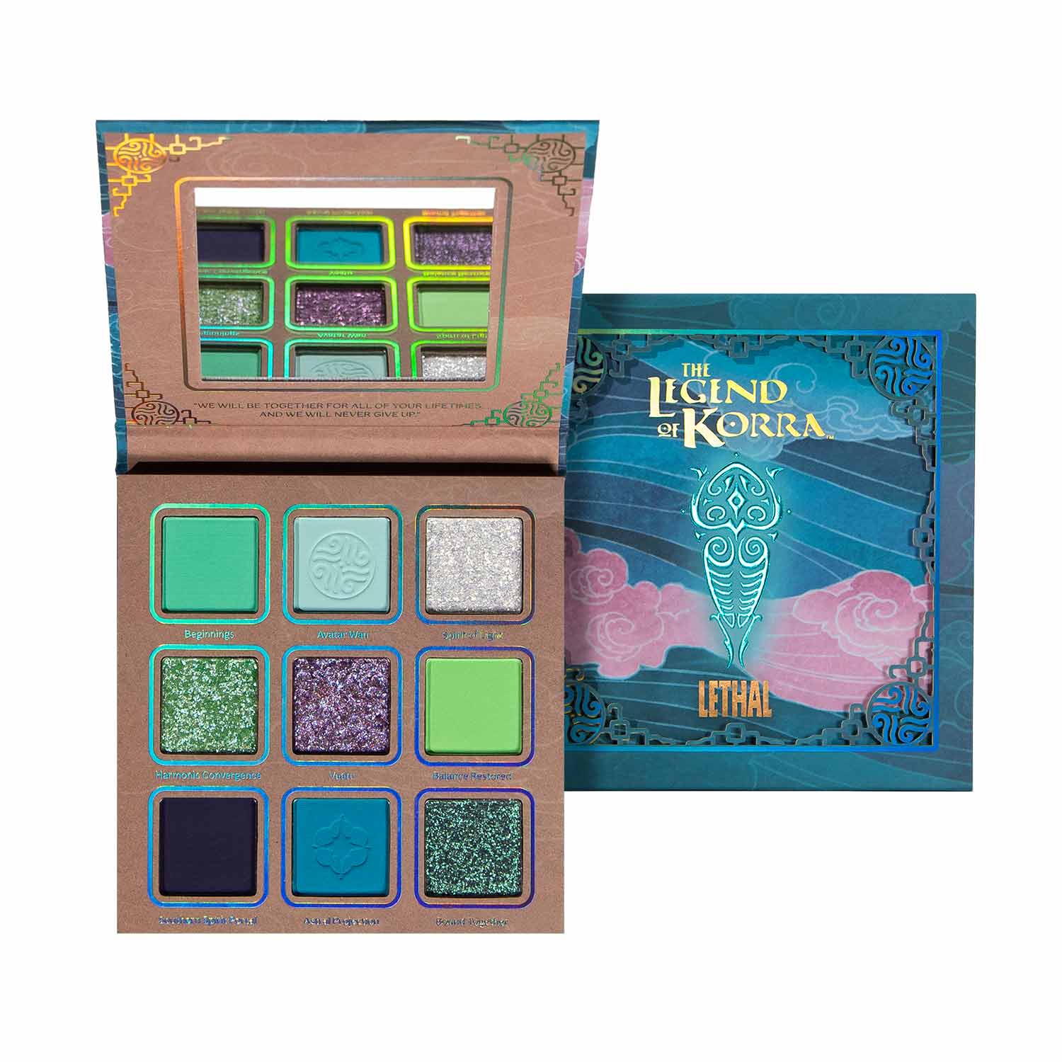 Lethal Raava eyeshadow palette from the Legend of Korra collection, open beside its blue sleeve, showing nine green, teal, gold, and blue shades