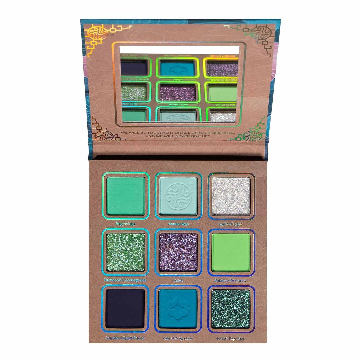 Raava palette open top-down, nine pans of green and mint mattes, silver, teal and purple glitters, navy and blue