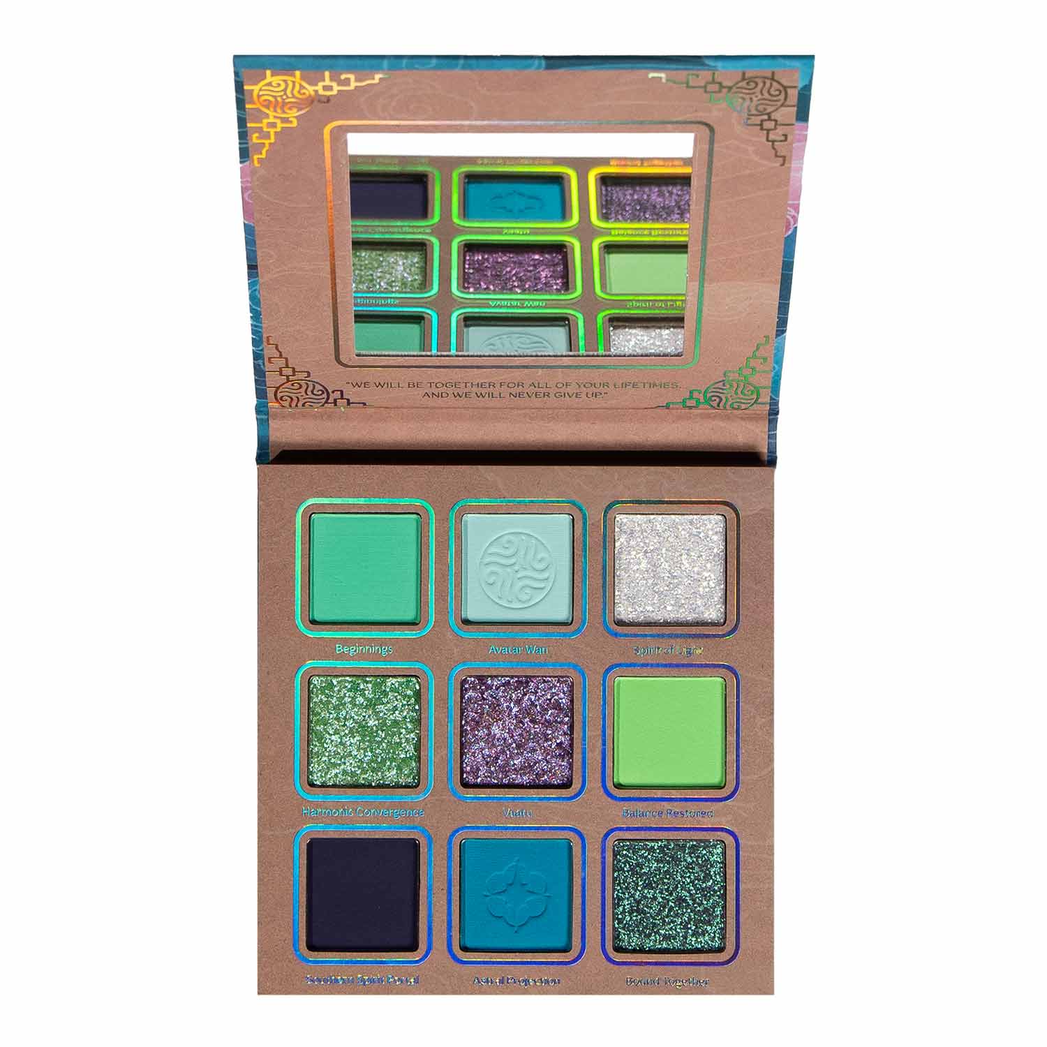 Raava palette open top-down, nine pans of green and mint mattes, silver, teal and purple glitters, navy and blue