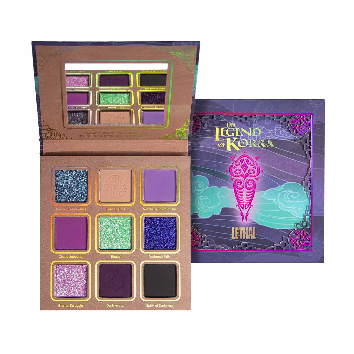 Lethal Vaatu eyeshadow palette from the Legend of Korra collection, open beside its purple sleeve, showing nine plum, purple, teal, and green shades