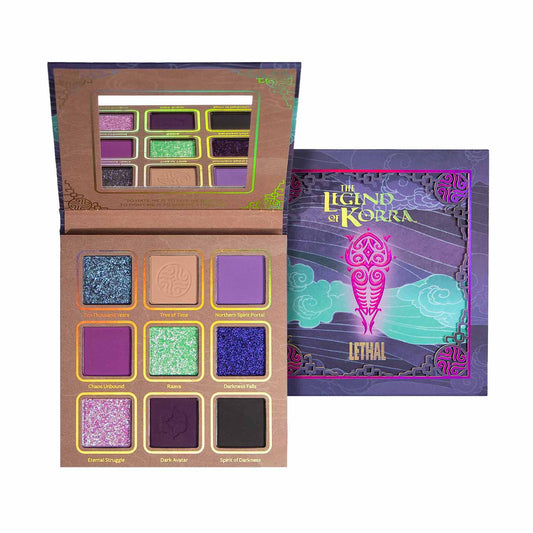 Lethal Vaatu eyeshadow palette from the Legend of Korra collection, open beside its purple sleeve, showing nine plum, purple, teal, and green shades