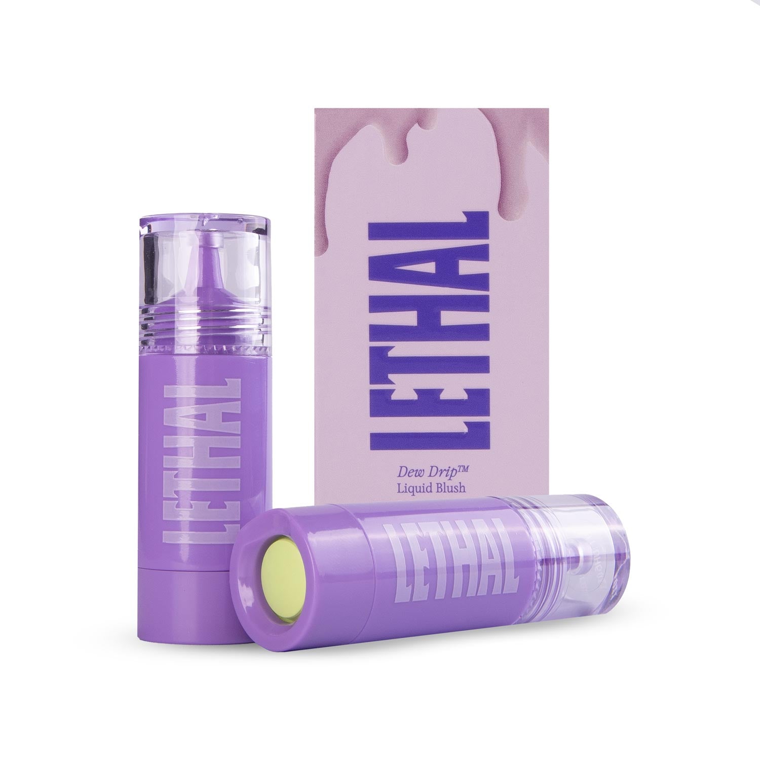 Dew Drip liquid blush bottles grouped with the lilac product box