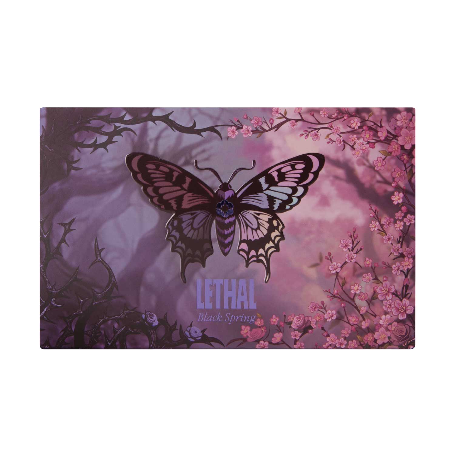 Black Spring palette closed packaging by Lethal, butterfly illustration over a misty purple forest with cherry blossoms and dark thorned branches
