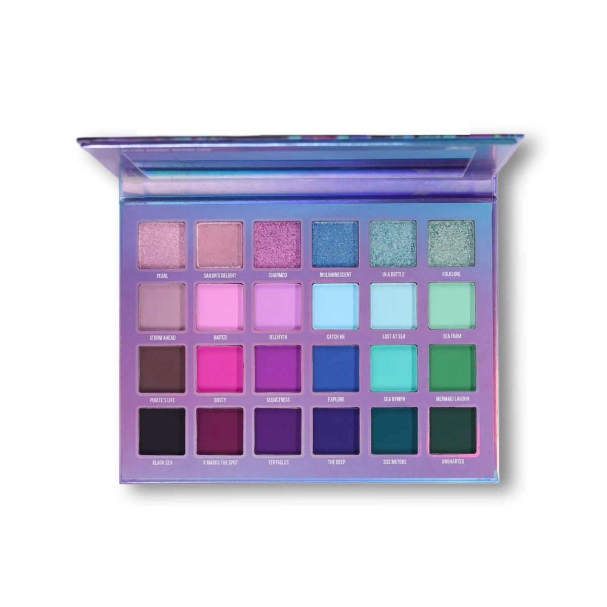 Lure palette open on white, mirror in the lid and 24 labelled pans: a top row of sparkling shimmers over three rows of mattes, pastel to near black