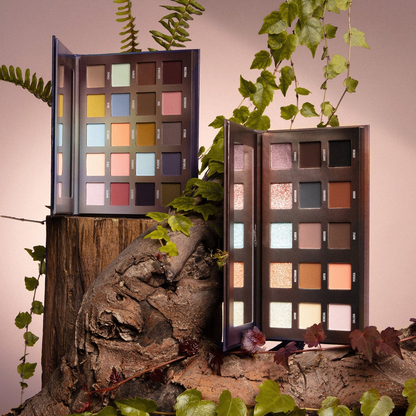 The Flora and Fauna palettes shown open together on a mossy tree stump with trailing ivy