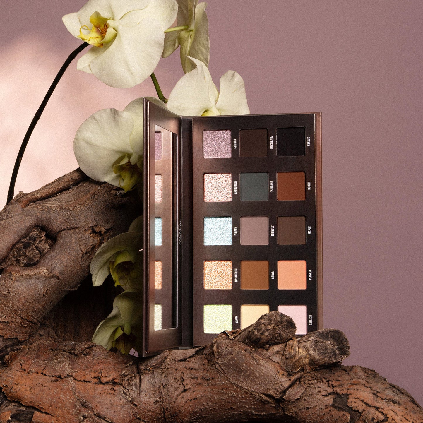 Flora palette open and propped on driftwood with white orchids