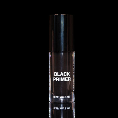 Question Beauty Black Primer 6ml clear glass bottle with glossy black cap and white label, on a black reflective surface.