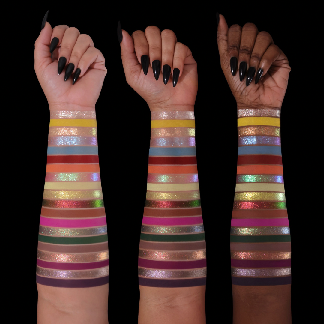 Arm swatches of all 20 shades on light, medium and deep skin tones.