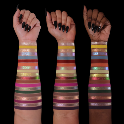 Arm swatches of all 20 shades on light, medium and deep skin tones.