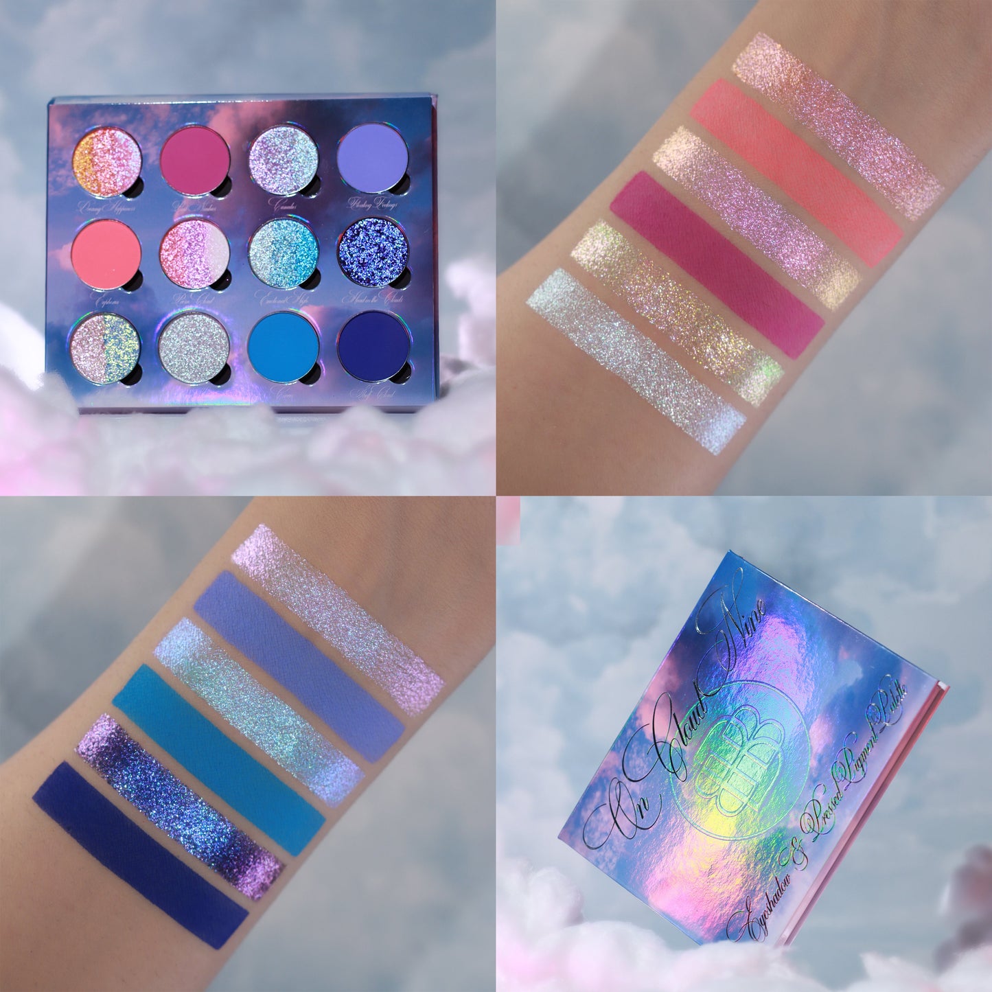 On Cloud 9 palette collage: open pans, arm swatches, and the closed iridescent cover