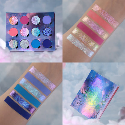 On Cloud 9 palette collage: open pans, arm swatches, and the closed iridescent cover