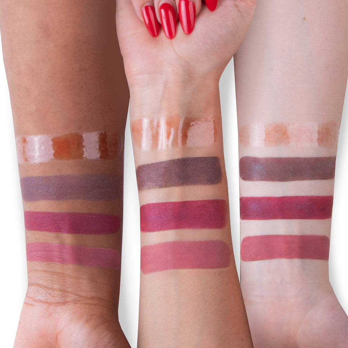 Over the Garden Wall lip gloss and liquid lipstick swatches on light, medium and deep forearms