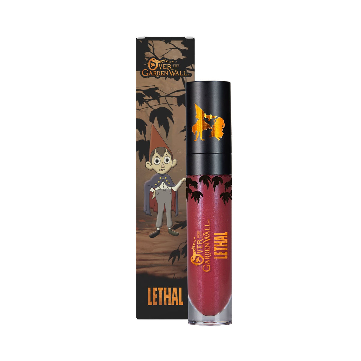Lethal Over the Garden Wall liquid lipstick in Poetry & Clarinet, terracotta red tube beside its box with Wirt artwork