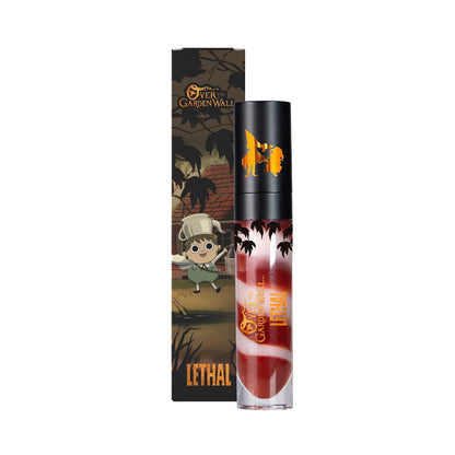 Lethal Potatoes & Molasses lip gloss from the Over the Garden Wall collection, swirled beige and brown tube beside its box with Greg artwork