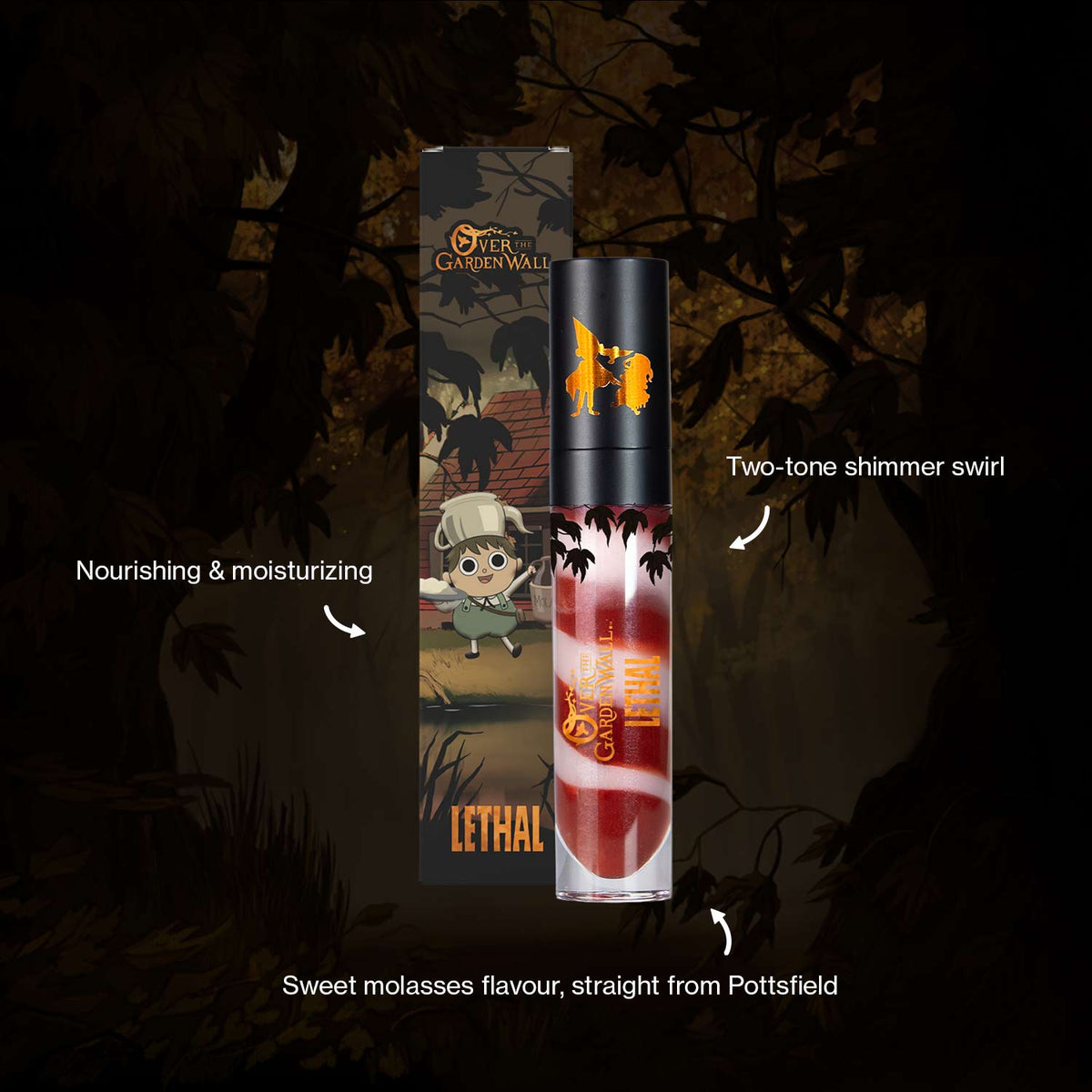 Gloss tube and box on a dark forest backdrop with brand callouts