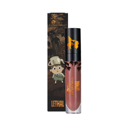 Rock Fact liquid lipstick, rich brown tube beside its box with Greg artwork