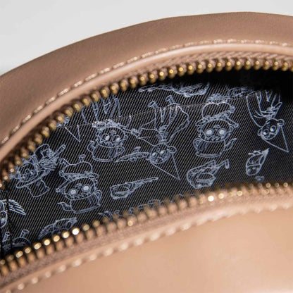 Open zipper showing black satin lining with white line drawings of Wirt, Greg and Beatrice