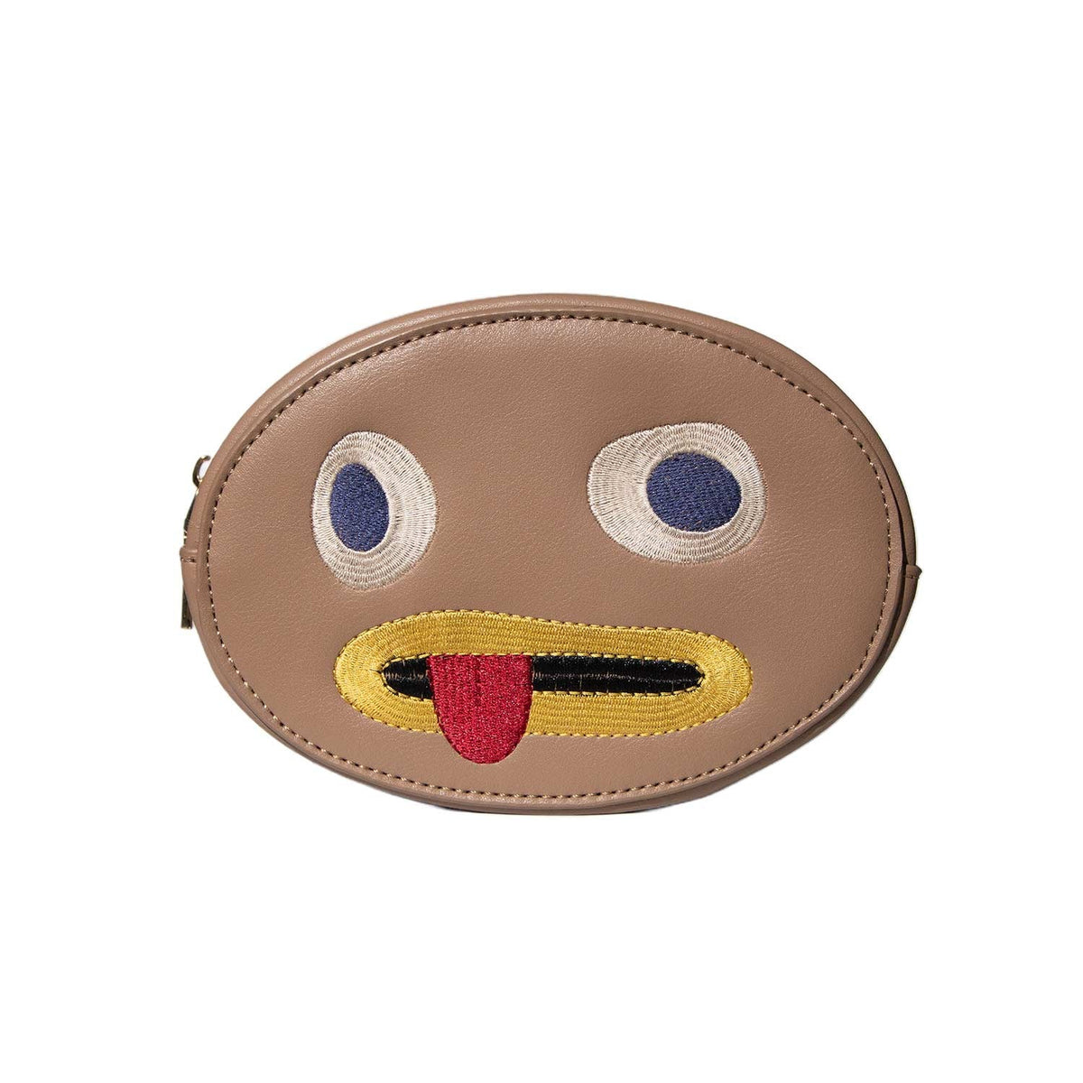 Lethal Over the Garden Wall makeup bag, an oval tan faux leather Rock with embroidered eyes and a tongue-out mouth