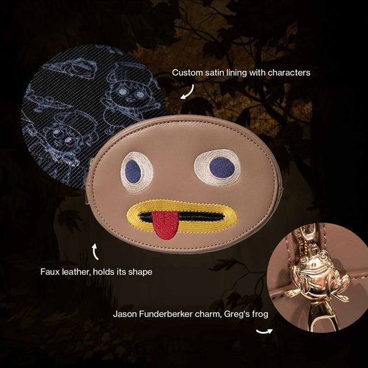 Rock bag on a dark forest backdrop with brand callouts on the lining, faux leather and frog charm