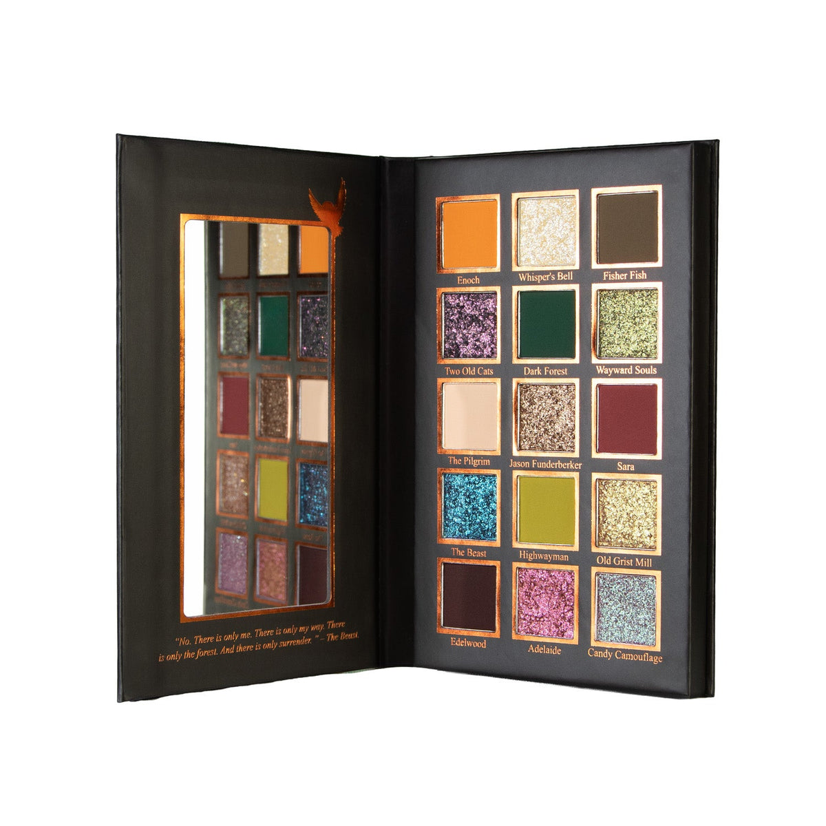 Palette open top-down, mirror on the left, 15 pans with printed shade names