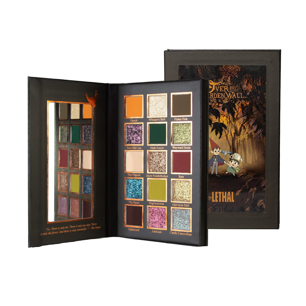 Lethal Tome of the Unknown eyeshadow palette, Over the Garden Wall collection, open beside its closed case, 15 pans of orange, green, plum and sparkle shades