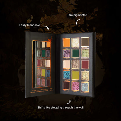 Palette open on a dark forest backdrop with brand callouts: ultra pigmented, easily blendable, shifts like stepping through the wall