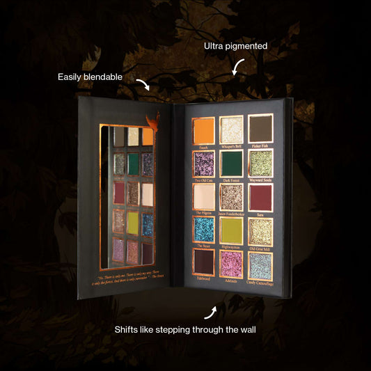 Palette open on a dark forest backdrop with brand callouts: ultra pigmented, easily blendable, shifts like stepping through the wall