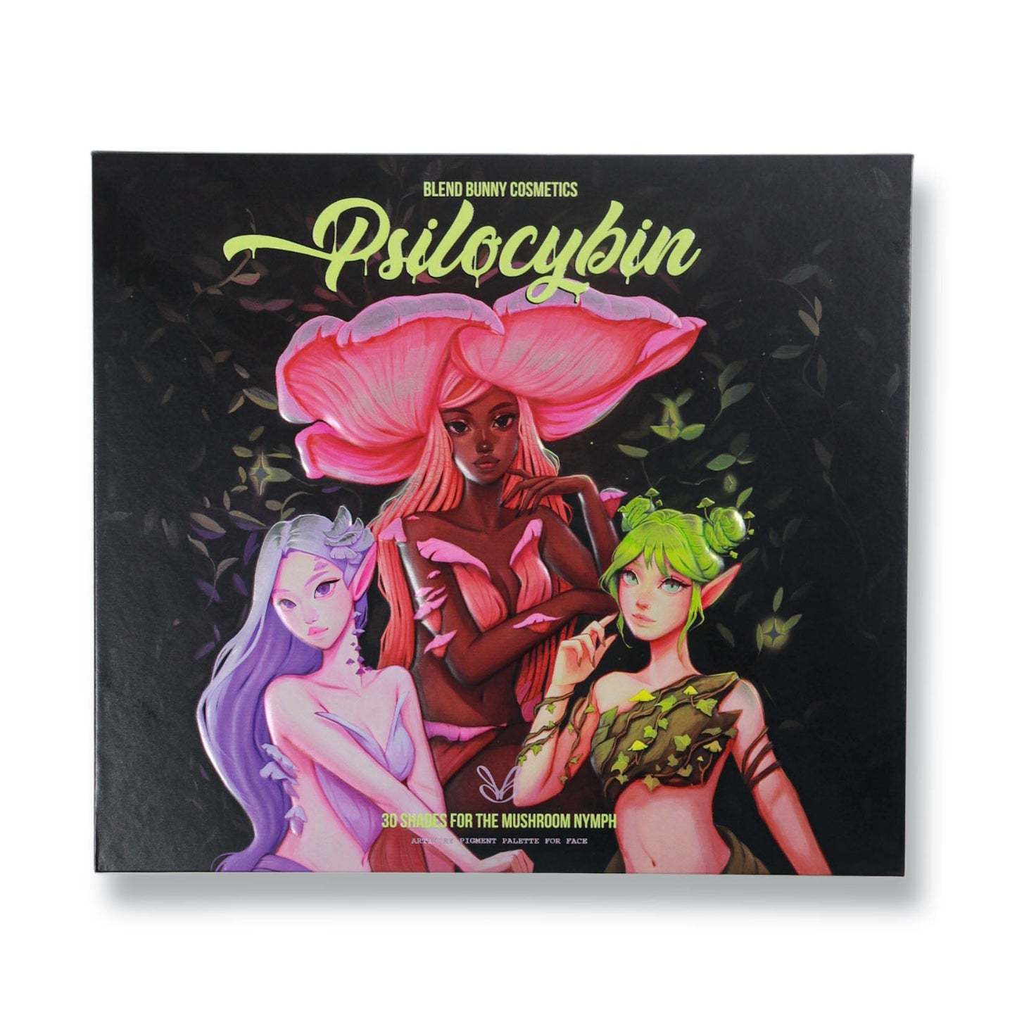Psilocybin palette closed on white, black cover with green script logo and three painted mushroom nymphs in pink, lilac, and green