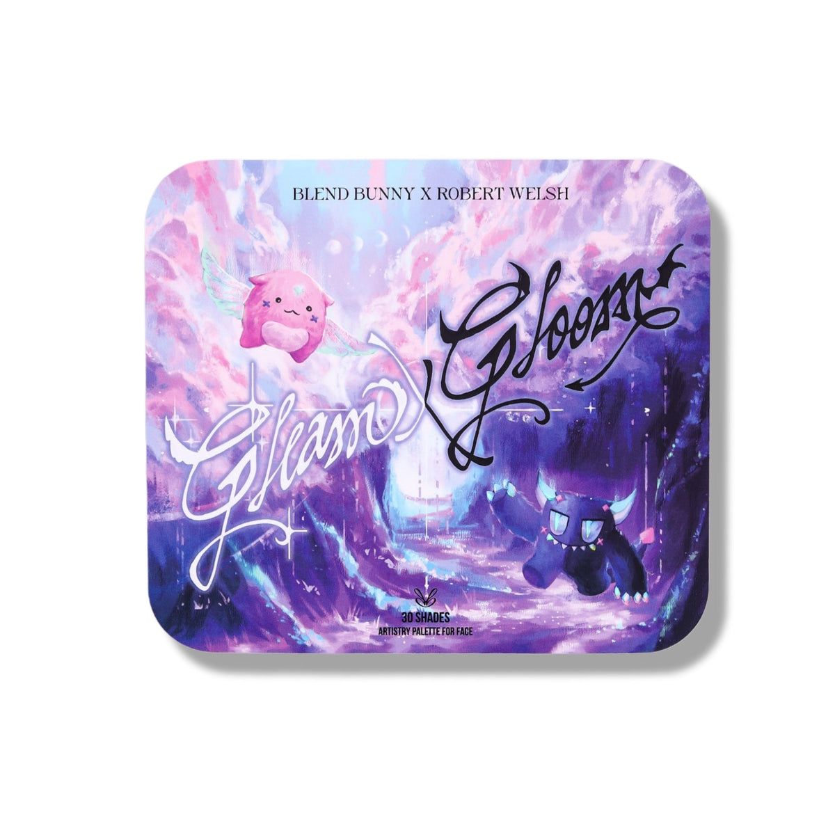 Closed Gleam x Gloom palette lid, purple cloudscape artwork with the Gleam and Gloom mascots and script lettering.