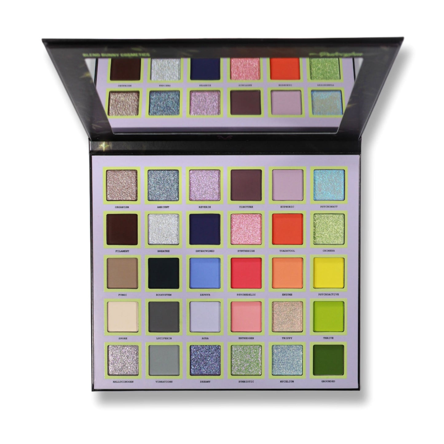 Psilocybin eyeshadow palette open on white, 30 labeled shades and a full mirror, from silvery sparkles through earthy mattes to coral and green brights