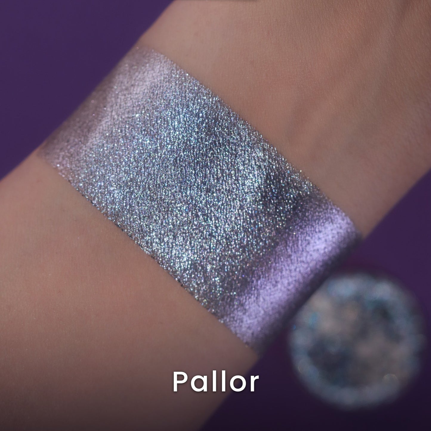 Pallor swatch: silver marbled holochrome flashing icy blue, aqua, lavender and violet