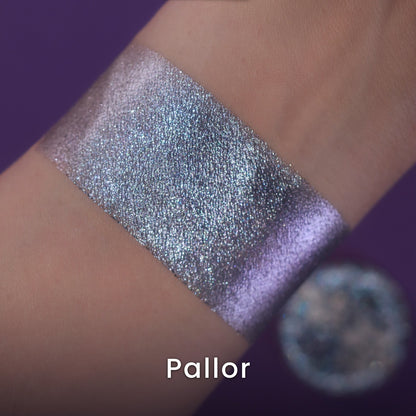 Pallor swatch: silver marbled holochrome flashing icy blue, aqua, lavender and violet