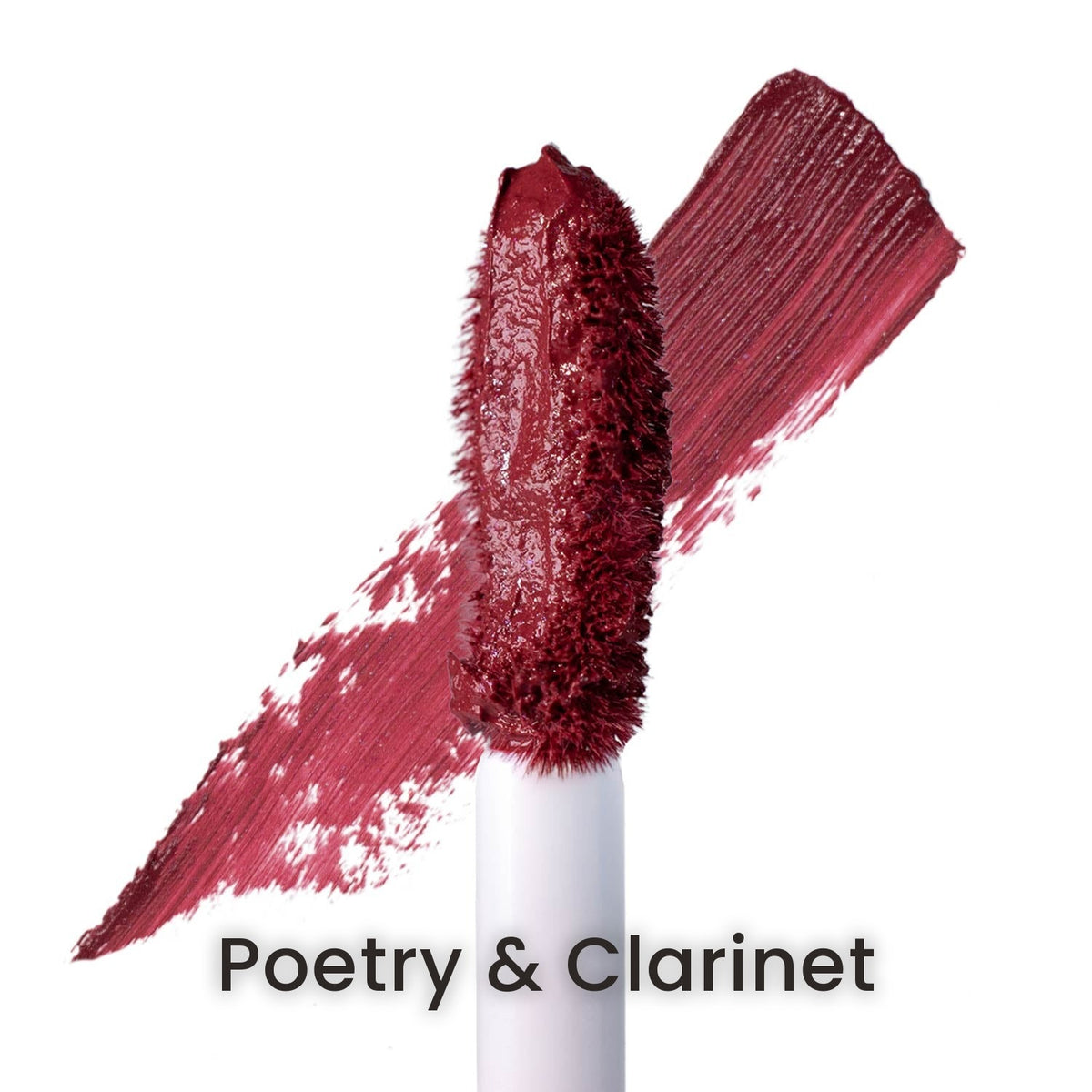 Poetry & Clarinet on the applicator beside a swatch stroke, labelled with the shade name