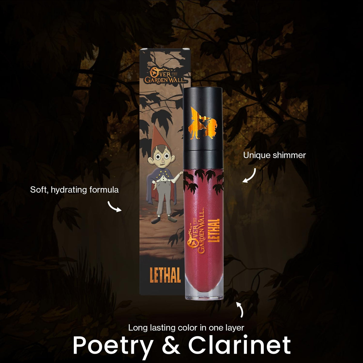Poetry & Clarinet tube and box on a dark forest backdrop with brand callouts, labelled with the shade name